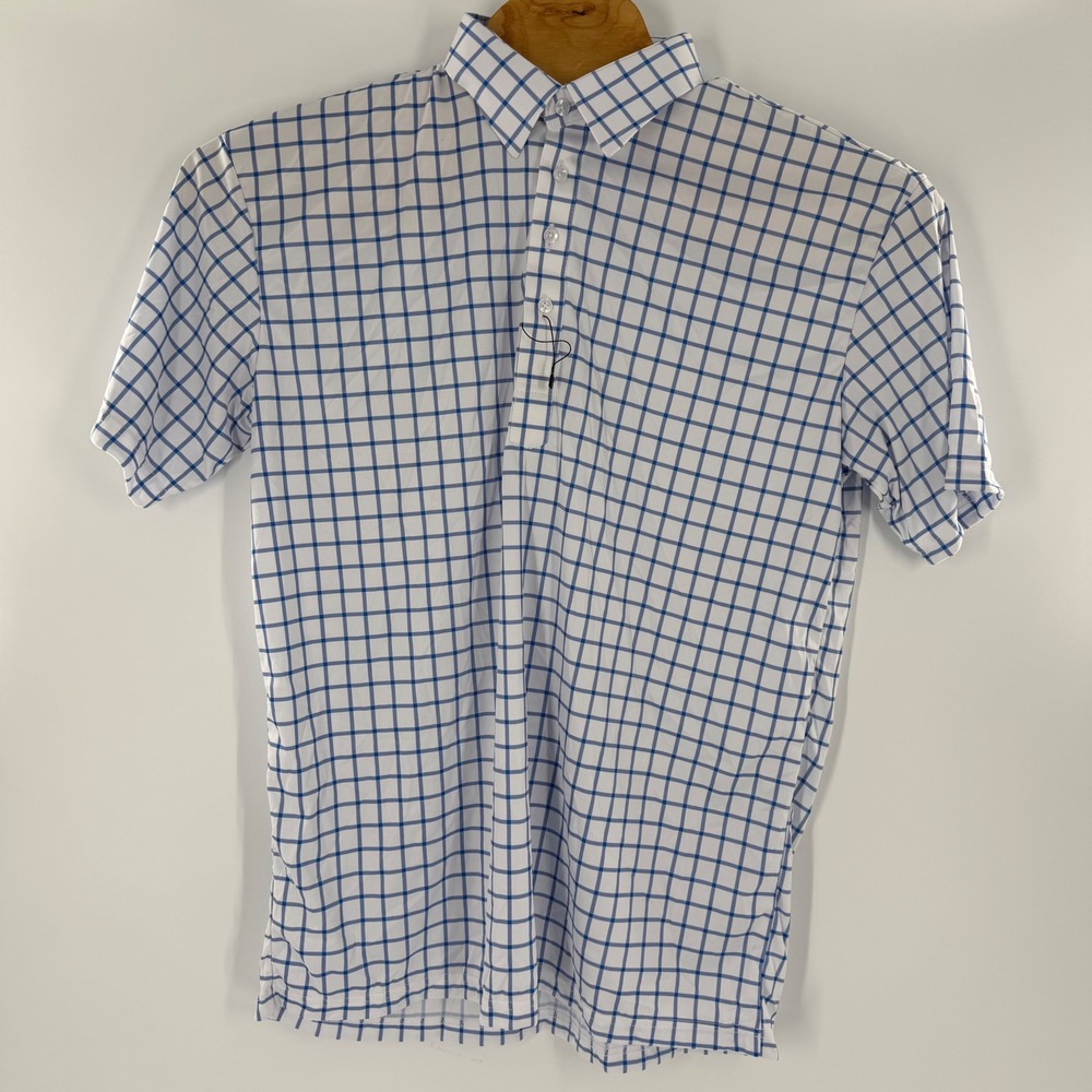 Collars & Co Mens Dress Collar Polo Shirt XL White Blue Windowpane Check Golf